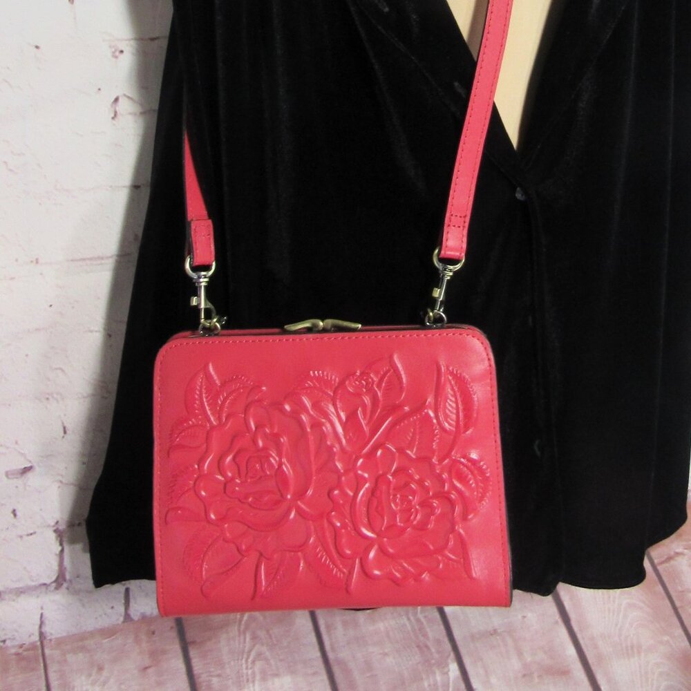 PATRICIA NASH EVANGELINE BAG, FULL GRAIN EMBOSSED LEATHER, PASSION RED, 2 STRAPS - Picture 8 of 13